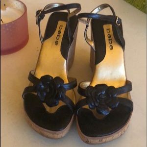 Bebe leather flower cork wedges